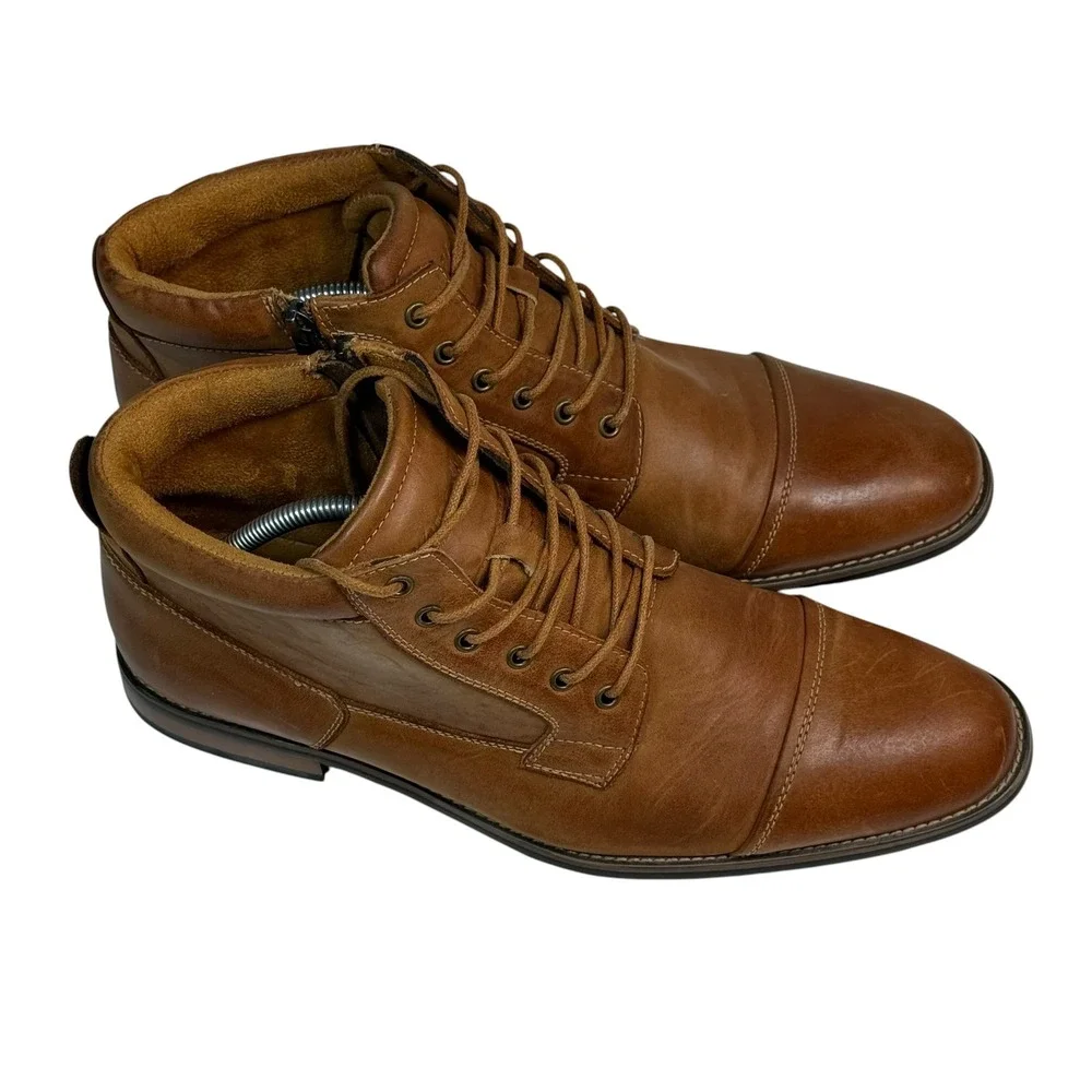 Kunsto Men Light Brown Leather Cap Toe Lace Up Side Zip Ankle Boots 12 SN4954-01